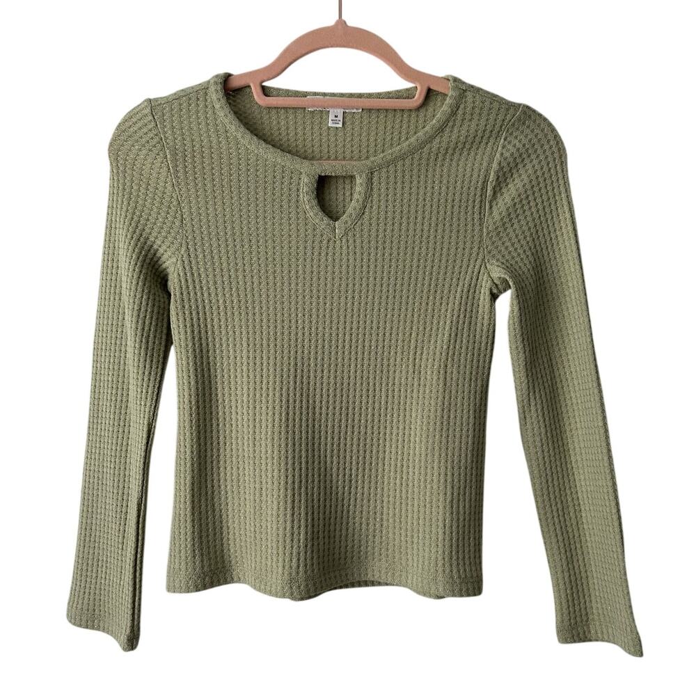 Love Glam Girl Long Sleeve Waffle Knit Keyhole Pullover Lt Green Top-Girls Med
